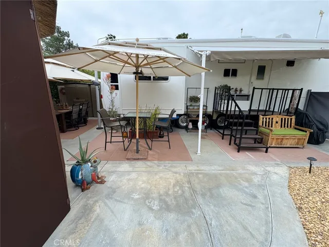 an outdoor view with patio