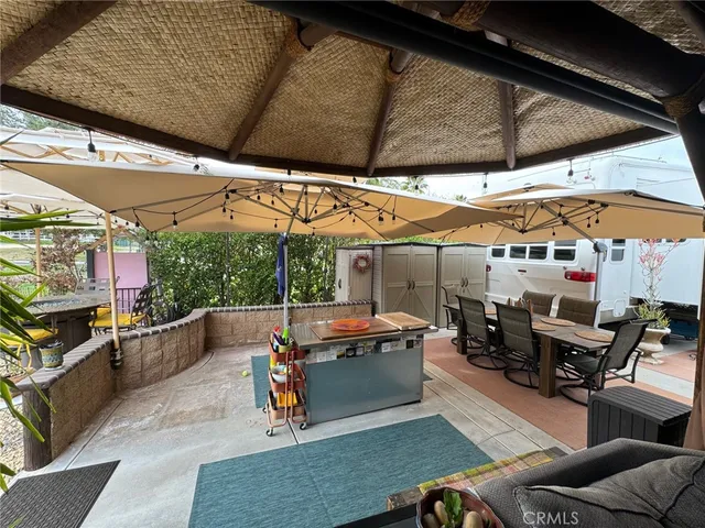 an outdoor space with seating