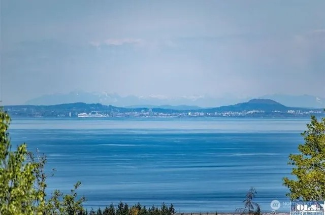 a view of an ocean beach and mountain