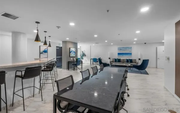 a view of a dining room with furniture