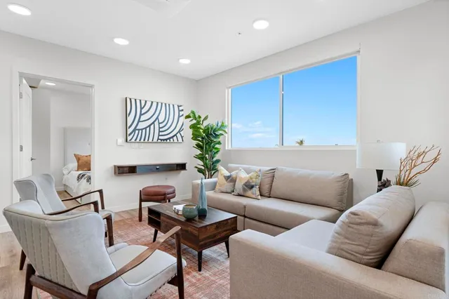 a living room with furniture and a potted plant