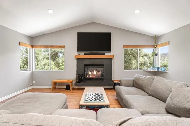 a living room with furniture a flat screen tv and a fireplace