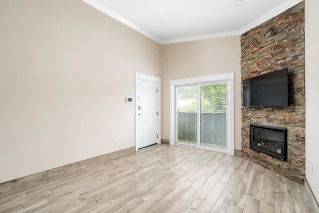 a room with a fireplace