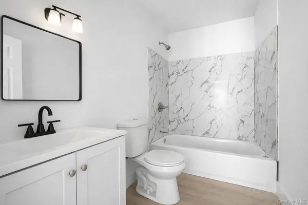 a bathroom with a toilet a sink a mirror a bathtub and vanity