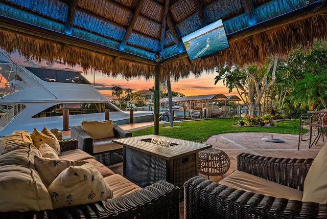 a view of outdoor space with seating and green space