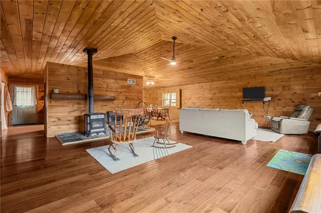 a living room with couch and a table