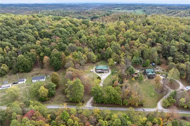 an aerial view of residential houses with outdoor space and trees