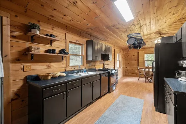 a kitchen with stainless steel appliances a stove a sink dishwasher and cabinets