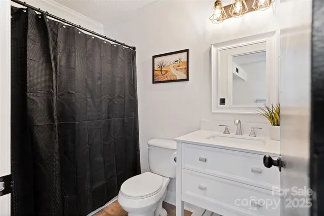 a bathroom with a sink a toilet a mirror and shower