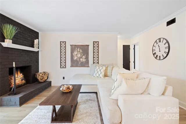 a living room with furniture a flat screen tv and a fireplace