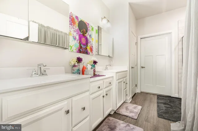 a bathroom with a sink and a mirror