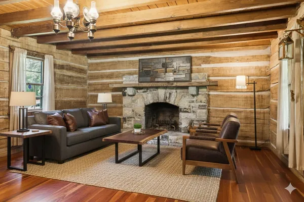 a living room with furniture a fireplace and floor to ceiling windows
