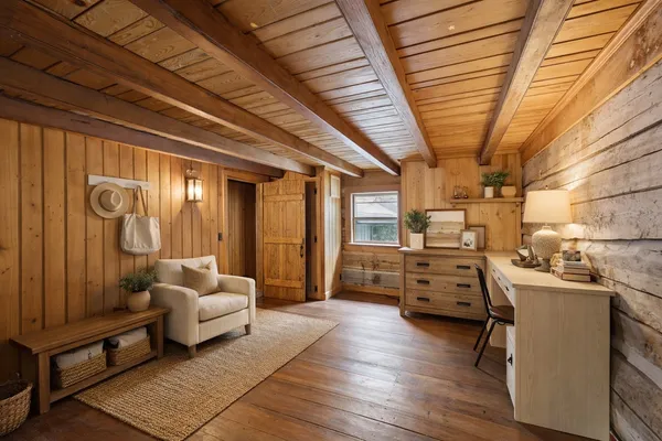 a view of an empty room with a window and kitchen view