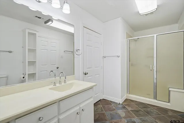 a bathroom with a sink shower and a mirror