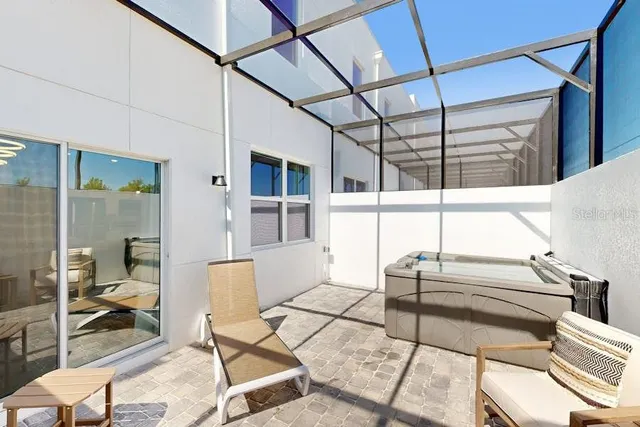 a building outdoor space with patio furniture