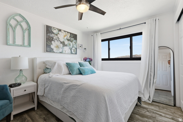 830 North Stone Road Snowville, UT 84336 - Photo 11 of 69 Bedroom with a textured ceiling, wood finished floors, and ceiling fan