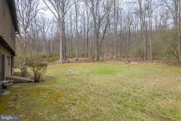 a backyard of apartments with large trees