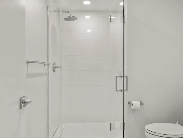 a bathroom with a shower and a toilet