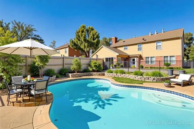 a view of a swimming pool with a table and chairs under an umbrella