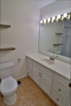 a bathroom with a sink a toilet and a mirror
