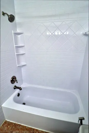 a bathroom with a bathtub