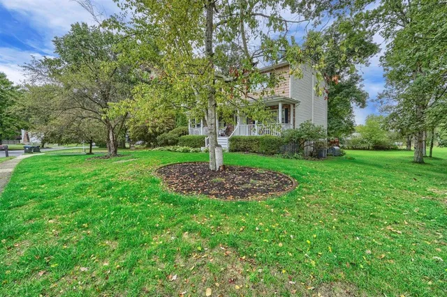 a view of a garden with a fountain