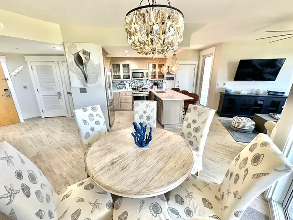 a view of a dining room with furniture