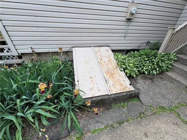a view of a yard with plants and a wooden deck