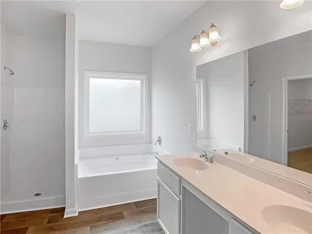 a bathroom with a tub sink and mirror