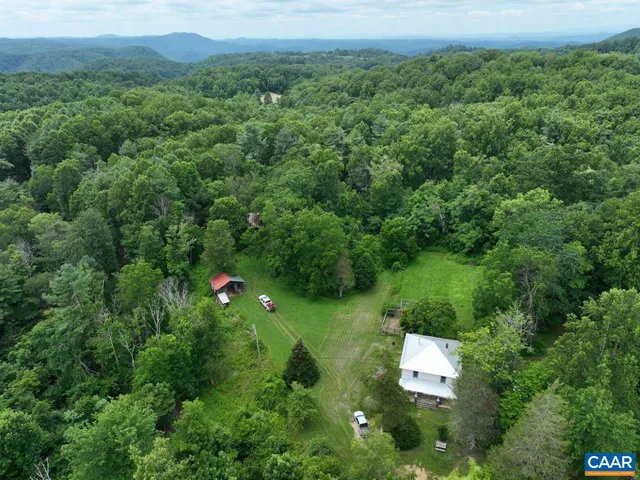 a view of a house with a lush green forest