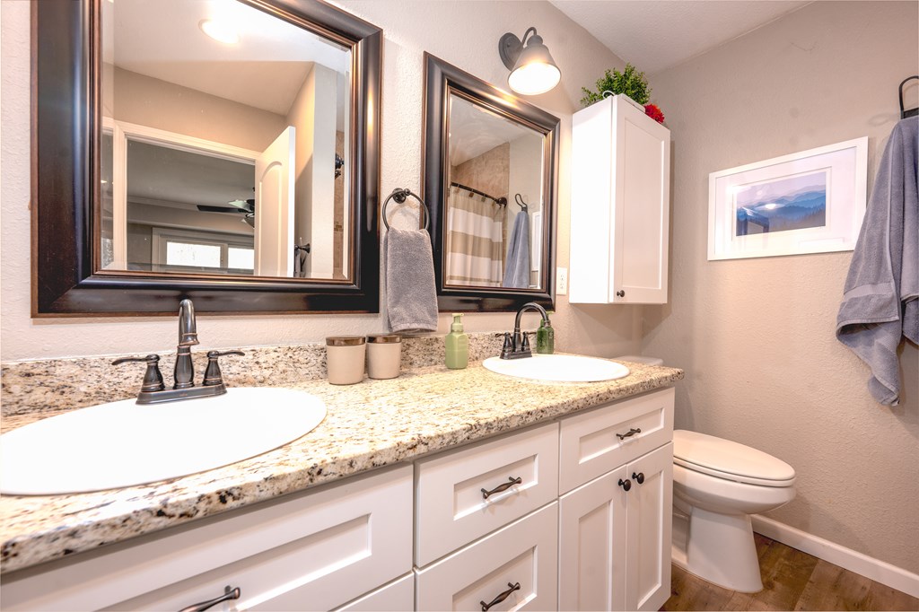 3301 Ellington Road Hayesville, NC 28904 - Photo 20 of 31 a bathroom with a granite countertop sink mirror vanity and toilet