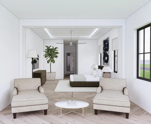 a living room with furniture and a potted plant