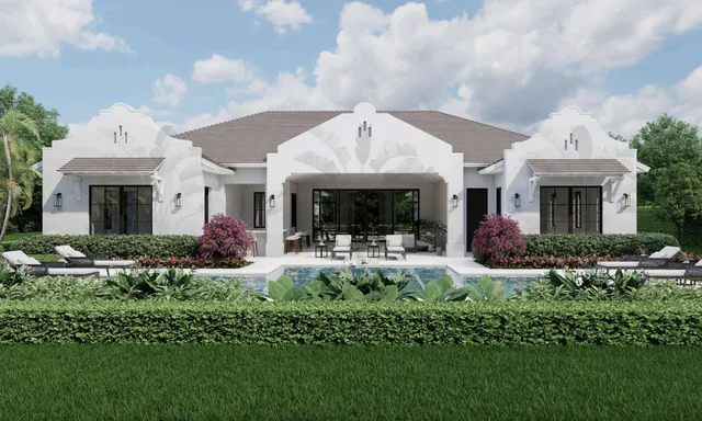 a front view of a house with swimming pool and glass windows