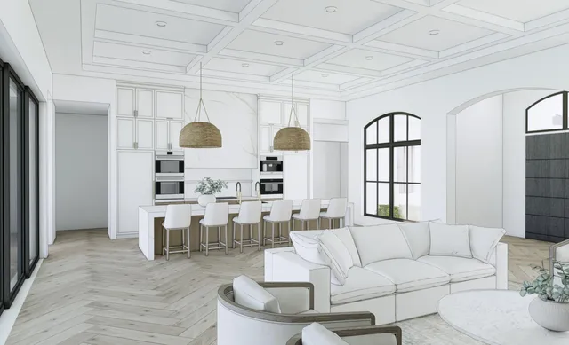 a living room with fireplace furniture and a large window