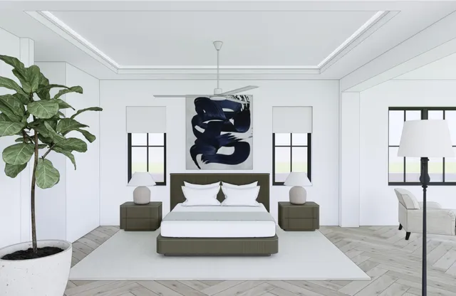 a bedroom with a bed and a potted plant