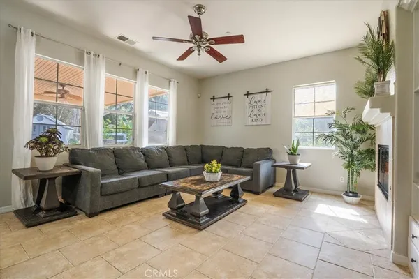 a living room with furniture and a potted plant