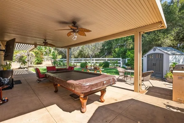 a backyard of a house with a table and chairs