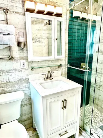 a bathroom with a sink a toilet and a shower