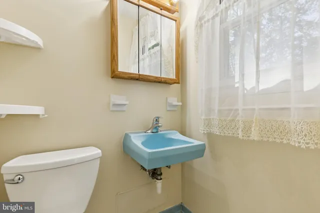 a bathroom with a toilet a sink and a mirror