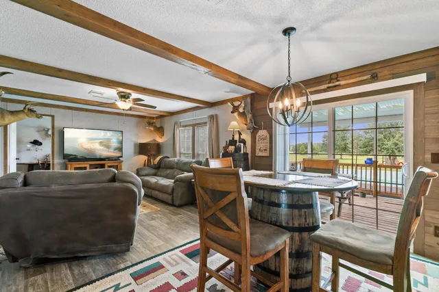 a view of a dining room with furniture window and outside view