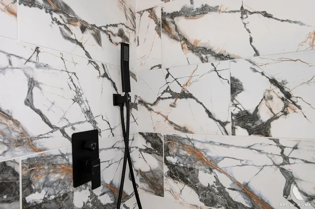 a view of a backyard with potted plants and large tree