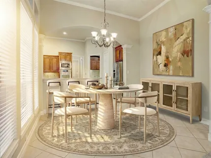 a dining room with wooden floor a chandelier a glass table and chairs