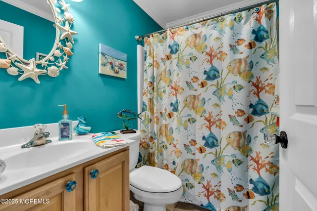 a bathroom with a sink mirror vanity and toilet