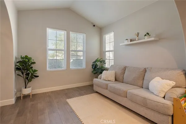 a living room with furniture and a potted plant