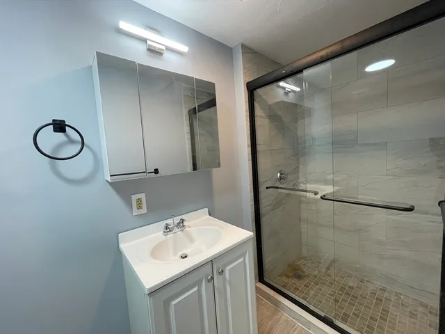 a bathroom with a shower sink and mirror