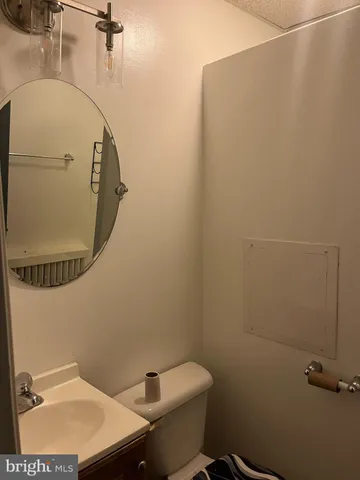 a bathroom with a sink toilet and mirror