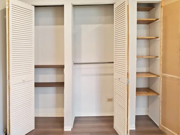 a view of walk in closet with empty racks
