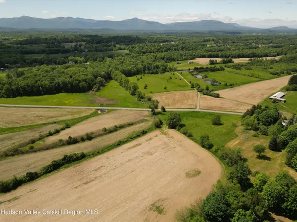 an aerial view of green landscape with trees houses and mountain view