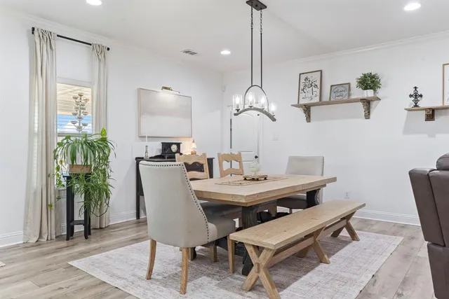 a view of a dining room with furniture