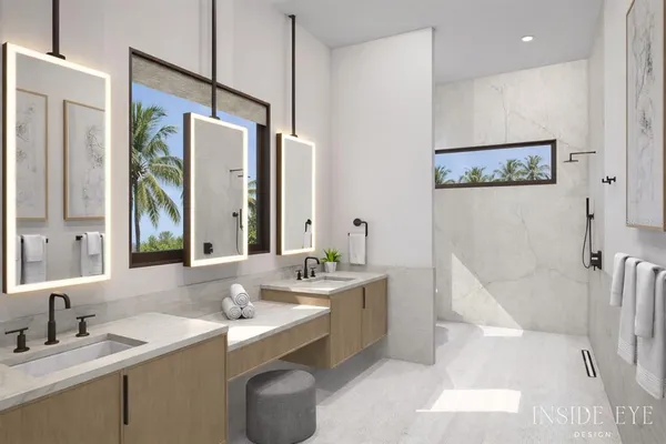 a bathroom with a tub sink and mirror